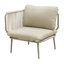 Fauteuil club extérieur moderne avec accoudoirs en corde tressée à la main, structure en aluminium antirouille, coussin beige inclus.