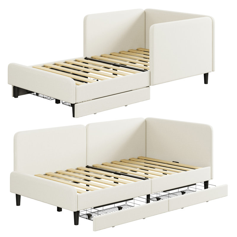 Lit de jour simple avec tête de lit, cadre de lit d'angle avec rails de lit et tiroirs de rangement, support solide, pour chambre d'amis