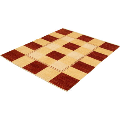 Tapis décoratif en laine noué à la main de conception unique en laine de 6 pi 5 po x 7 pi 9 po « New Age » en cuivre foncé/Ivoire