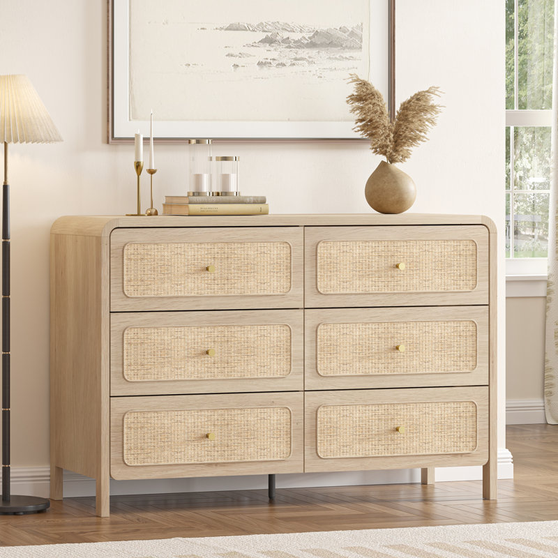 Commode 6 tiroirs 47,2 "de large avec poignées en rotin et poignées dorées