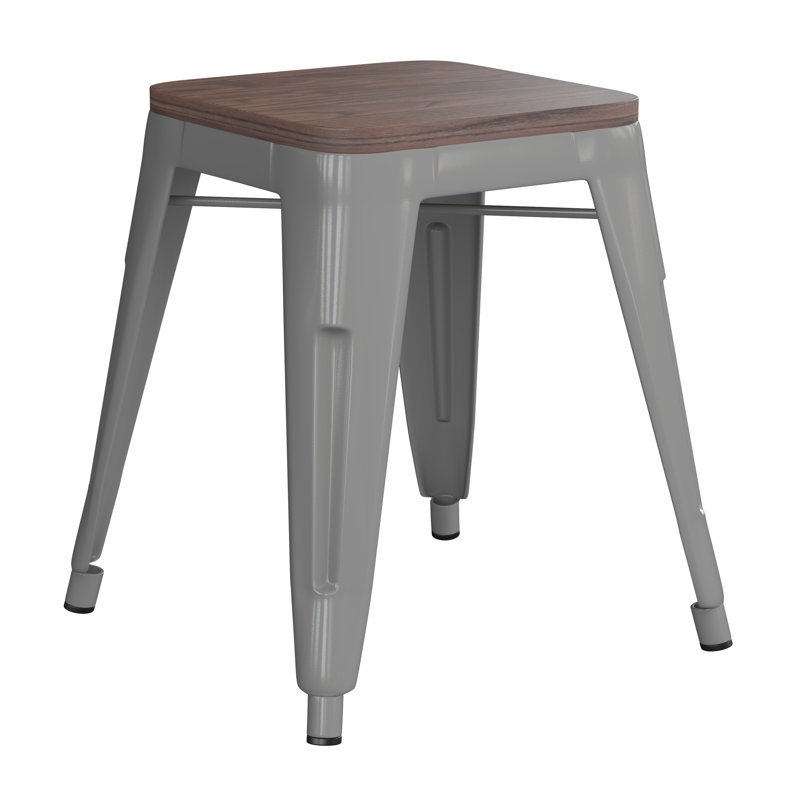 Alsadig 18" Table Height Indoor Stackable Metal Stool with Wood Seat, Silver