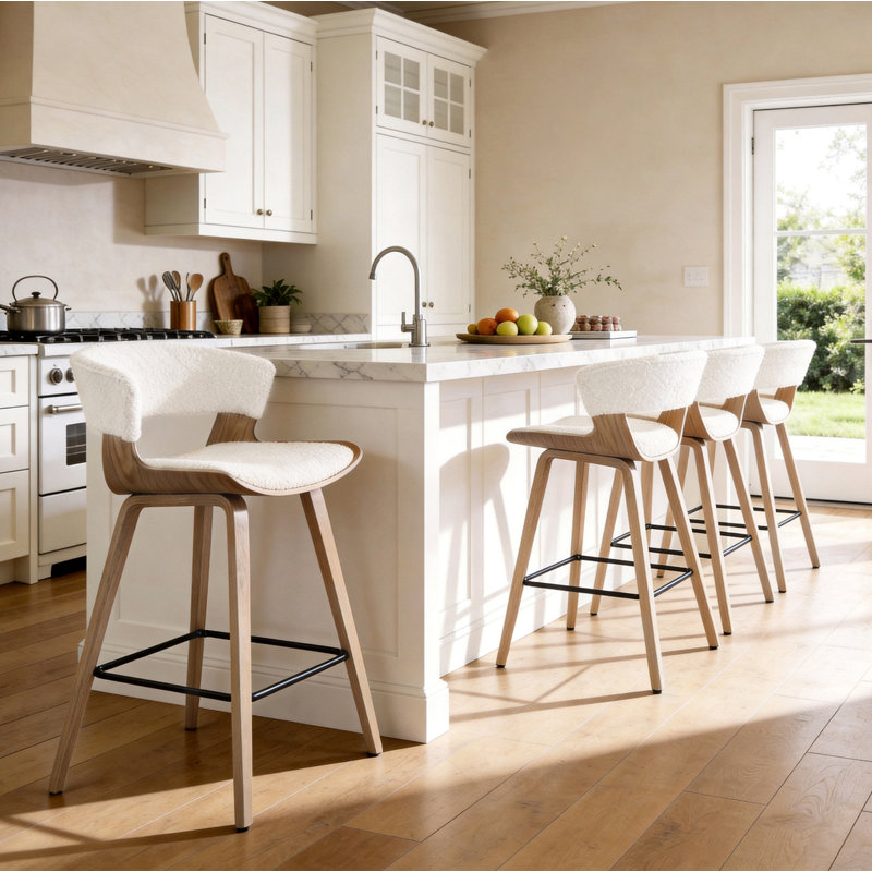 Binni 26.97" Boucle Upholstered Counter Bar Stool With Solid Wood Frame (Set of 4), Off-White