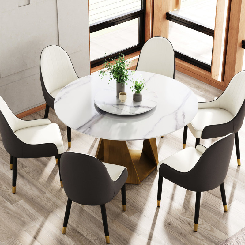 Table de salle à manger 6 53 po ronde avec plateau en pierre frittée blanche et base en métal, disque rotatif de 23,62 po