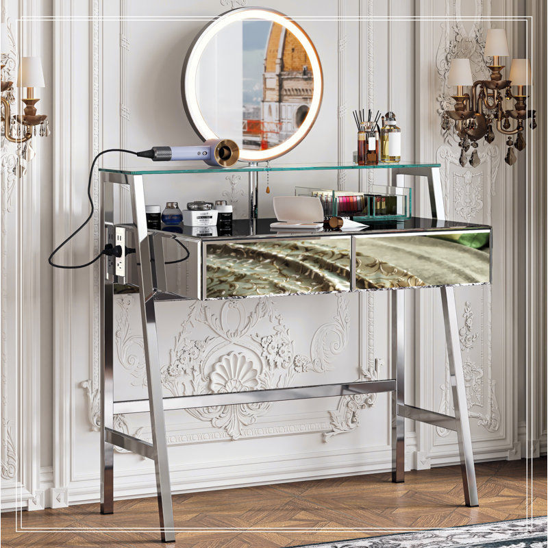 Chic Mirrored Makeup Vanity Desk with Storage and Charging Feature for Bedroom