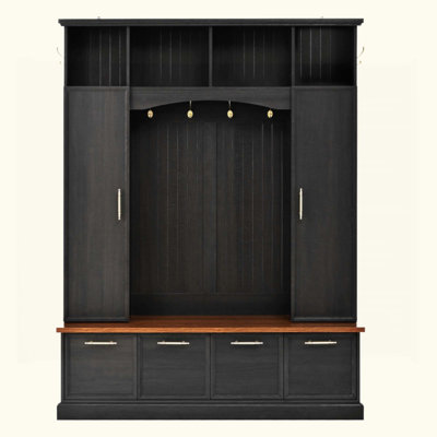 4-IN-1 Elegant Hall Tree with Golden Hooks & Handles, Practical Entryway Walnut Bench with Adjustable Shelves, 76.7"H Farmhouse Wooden Style Coat & Shoe Rack for Mudroom