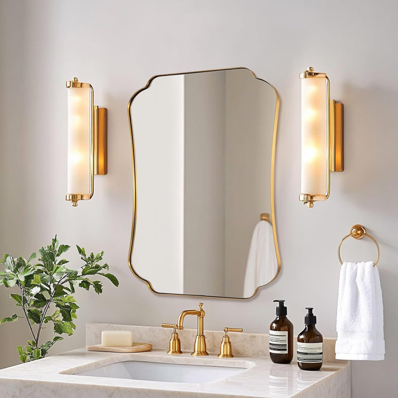 Miroir de salle de bain Contemporary Cadre en acier inoxydable, Or brossé, 32 po x 24 po