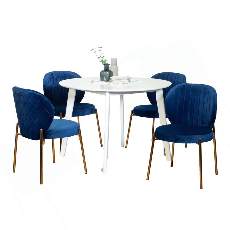 Ensemble de salle à manger 5 pièces Contemporary, table ronde blanche avec 4 chaises, Bleu, Doré