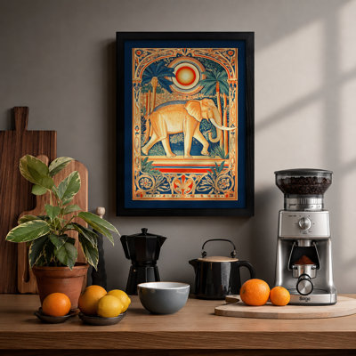 Golden Elephant Under Sun Art Deco - Single Picture Frame Print