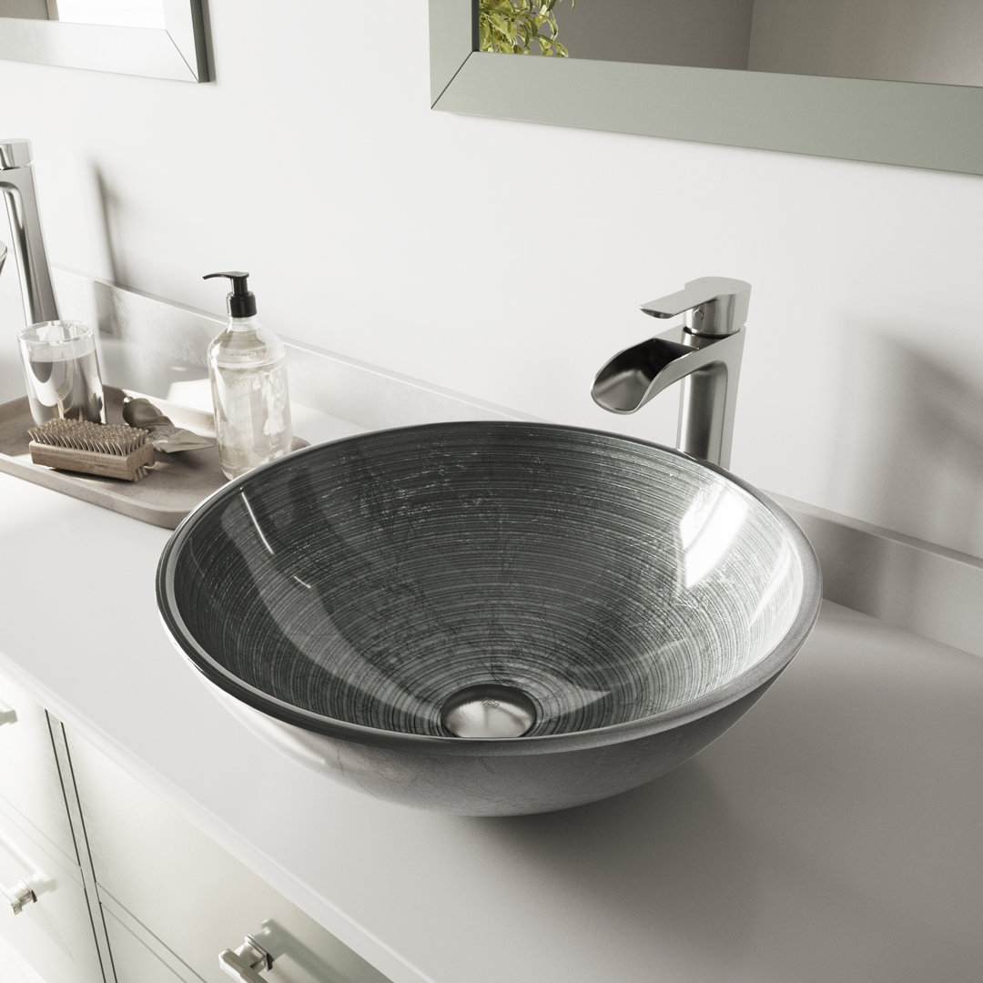 Giovanni Titanium 17" L x 17" W x 6" H Round Glass Vessel Bathroom Sink with 11" H Faucet VIGO Faucet 