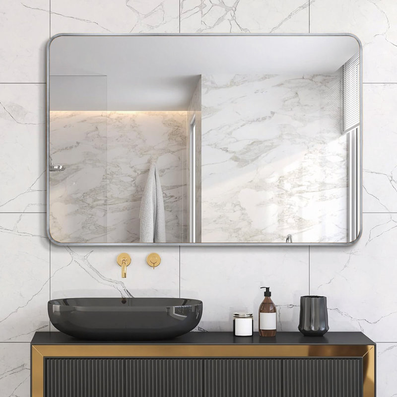 Miroir rectangulaire mural en métal pour salle de bain, Argent argent, 40 po x 30 po