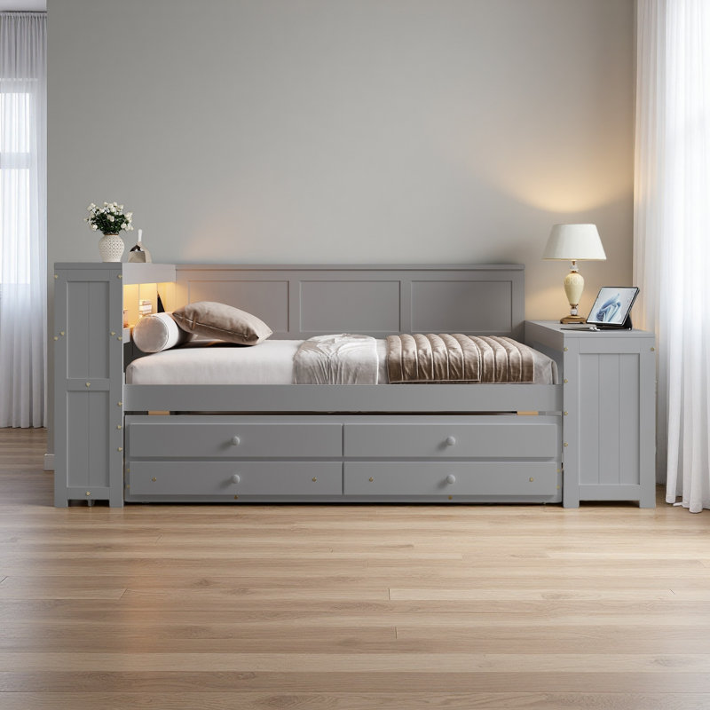 Full Size Daybed With Storage Shelves,Drawers,Trundle,Charging Station,LED Light,Desk And Cabinet, Gray