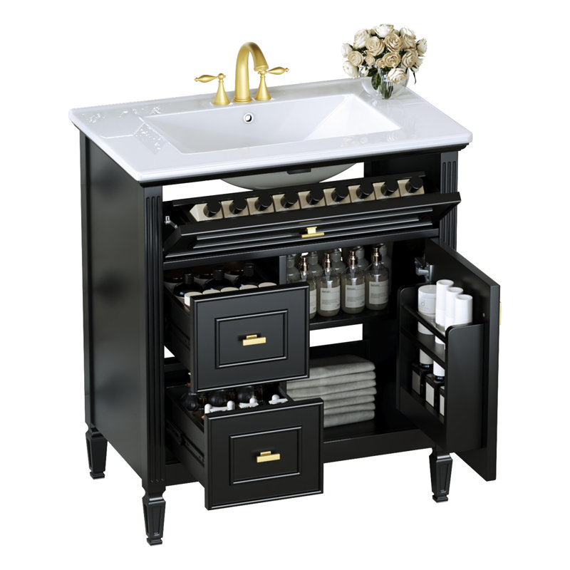 Ensemble de meuble-lavabo autoportant 30 pouces en blanc avec lavabo en céramique, Noir