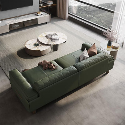 Mid century modern sofa,Genuine Leather Modular sofa with Solid Wood, Green couch