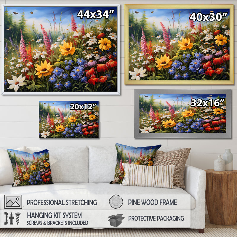 Bouquet de fleurs sauvages colorées, reproduction sur toile, Cadre flottant doré, H 30 po x l 40 po x P 1,5 po