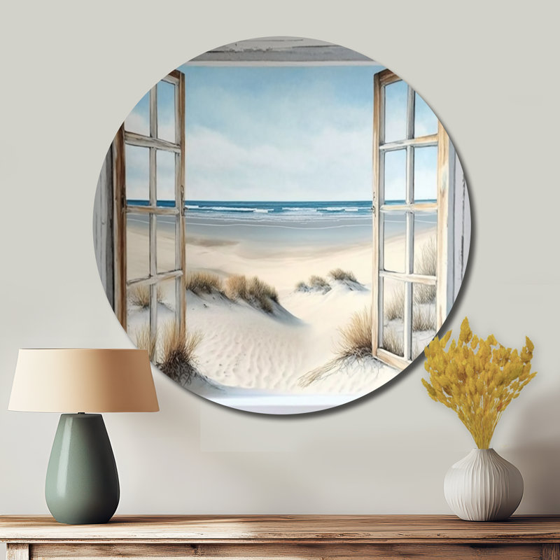 Fenêtre sur la plage II - art rond en métal bord de mer, H 36 po x l 36 po