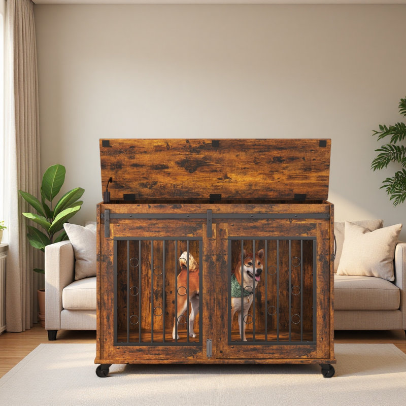 Cage pour chien à porte coulissante avec cloison pour deux chiots, Brun rustique