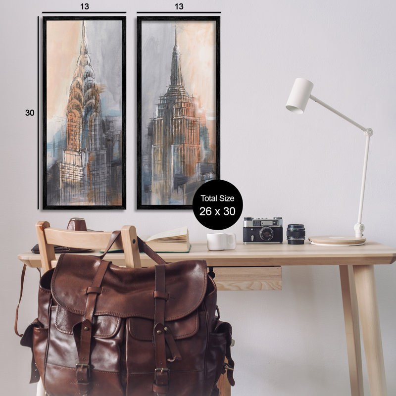  City Architecture Sketches 2 PC Giclee Art Set by Ethan Harper, 30" H x 13" W, Midnight Black Framed Giclee