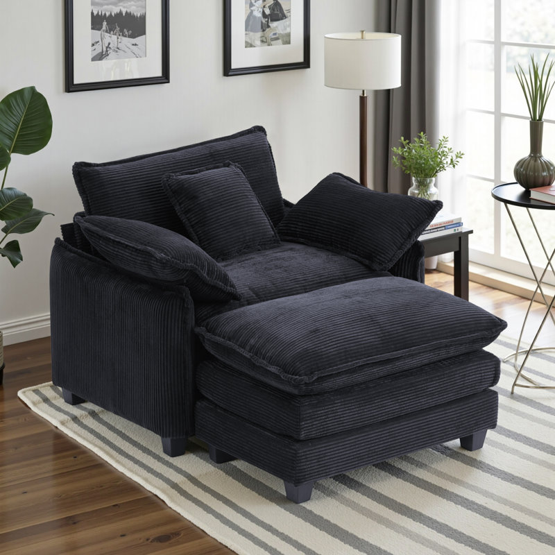 40"oversized Chair And Ottoman Set, Corduroy Cloud Sofa With Extra Deep Seat For Apartment, Living Room, Black