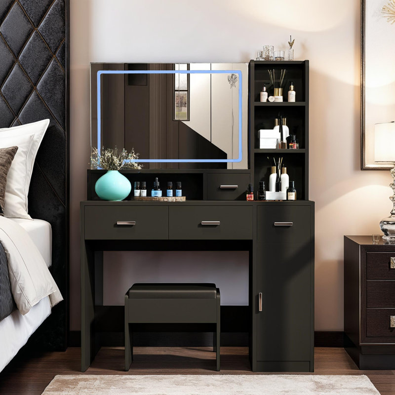 Ensemble de coiffeuse et tabouret de maquillage avec miroir DEL réglable, prise de courant, Noir, noir, noir, noir