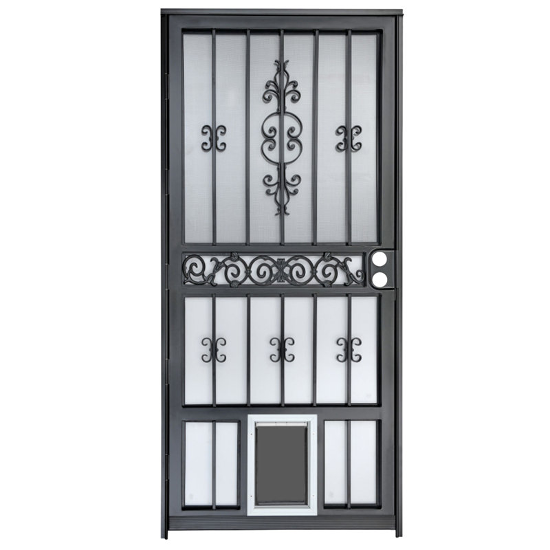 Porte de sécurité en acier gris de luxe Grisham, porte de tempête en fer 36 x 80 pouces avec porte pour chien, Gauche