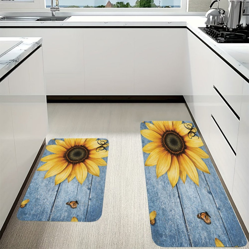 Blue Sunflower Kitchen Mats, 2 Pack Rustic Rugs For Kitchen & Entryway