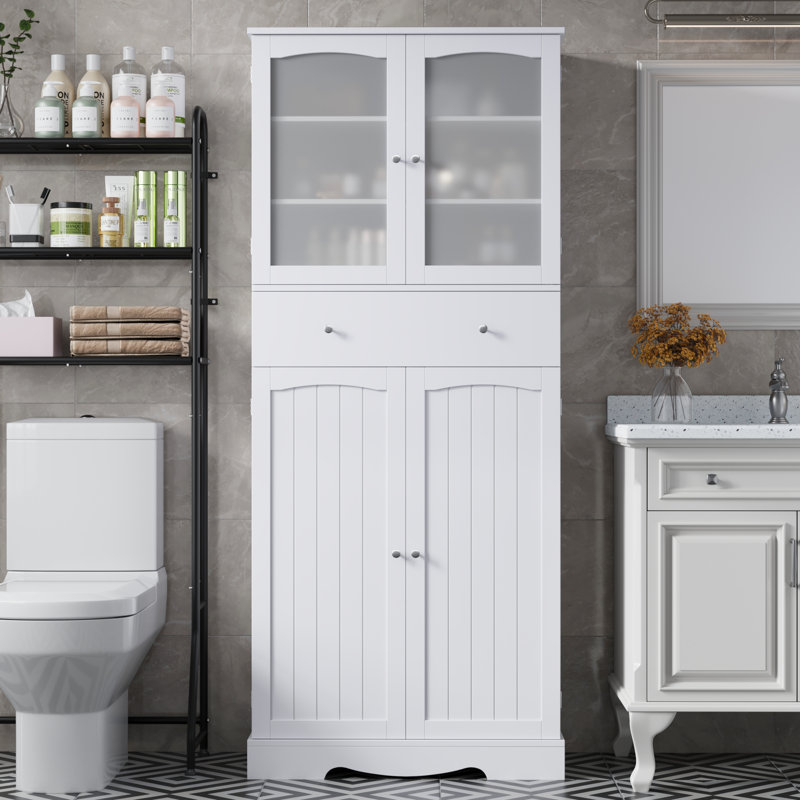 White 70.8'' Wooden Bathroom Cabinet with Glass Doors and Drawer