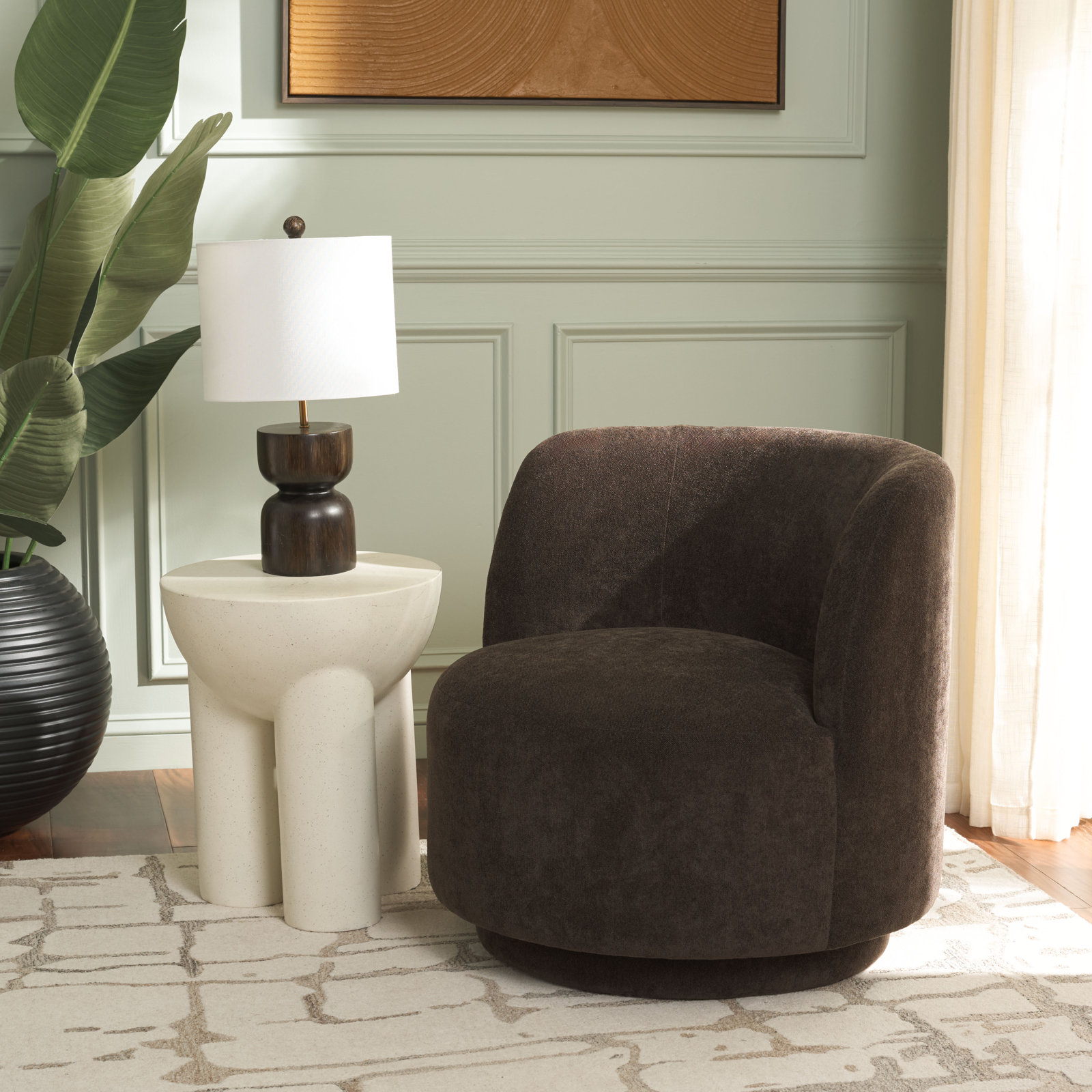 Wharton Swivel Accent Chair, Brown Linen