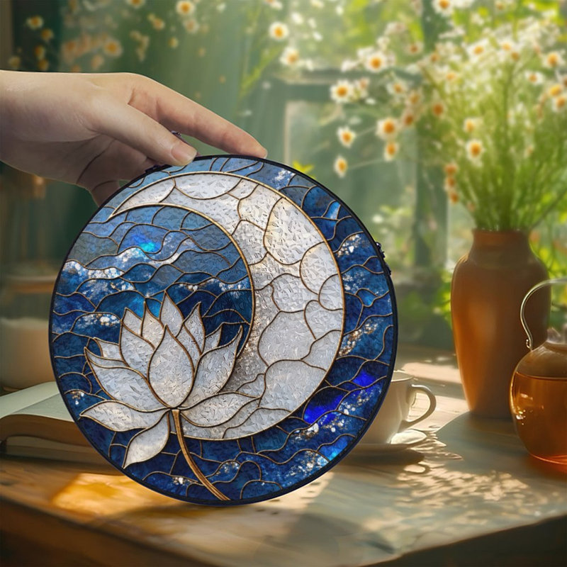 Vitrail fleur de lotus avec des vagues bleues panneaux de verre teinté Suncatcher pour décoration de fenêtre
