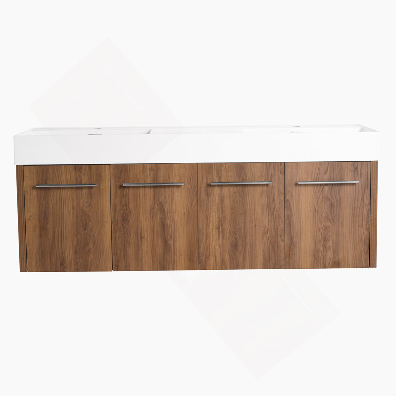 Meuble-lavabo mural avec lavabo double en résine, charnières de porte à fermeture douce, matériau durable, idéal pour plusieurs utilisateurs et facile d'entretien.