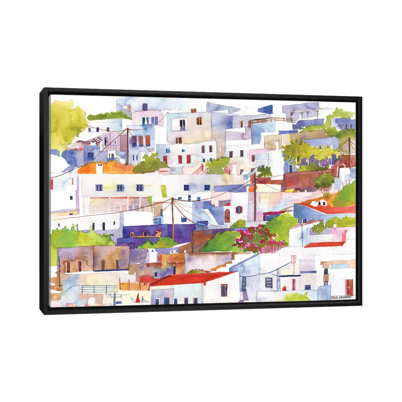 «Lindos» par Maja Wronska, impression sur toile, Toile avec cadre noir, Pas de tapis, H 32 po x l 48 po x P 1,5 po