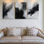 Triptyque panoramique abstrait exclusif de montagne en noir, gris et blanc, composé de 3 pièces, idéal pour décorer le salon, la chambre et le bureau.-996114209