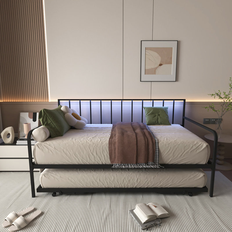 Twin Metal Daybed with Trundle, RGB LED Lights, USB Ports, Adjustable Height, No Box Spring, for Bedroom/Living Room, Black