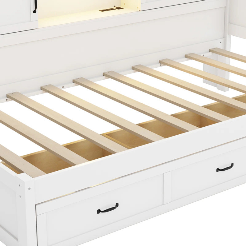 L-Shaped Corner Bed Frame With Drawer, Bookcase, Led Downlight And USB Port For Small Room,Bedroom, Guest Room, Twin