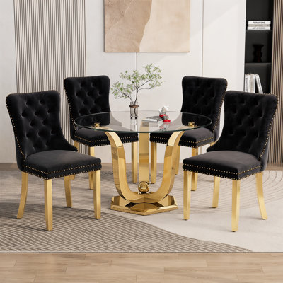 38.9" Modern Round Glass Dining Table Set for 4, Tempered Glass Dining Table with 4 Velvet Upholstered Chairs