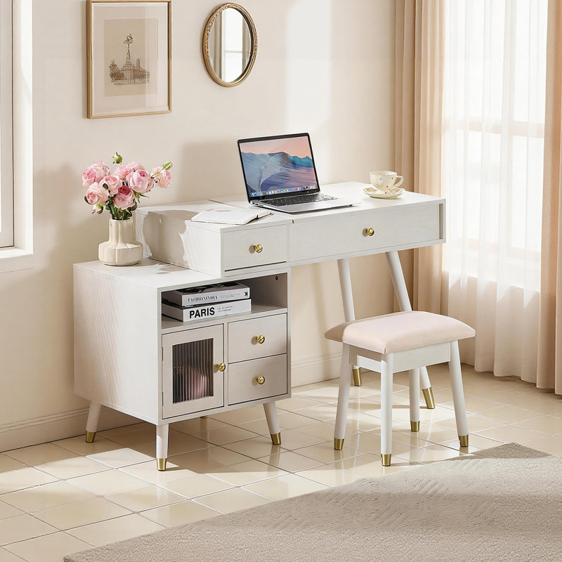 Bureau de coiffeuse polyvalent avec miroir rabattable éclairé et armoire réglable - Coiffeuse 3 en 1