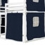 Lit superposé simple avec tente bleue et blanche, conception semblable à une maison dans les arbres pour le plaisir, bois massif et construction, espace de rangement spacieux sous le jeu
