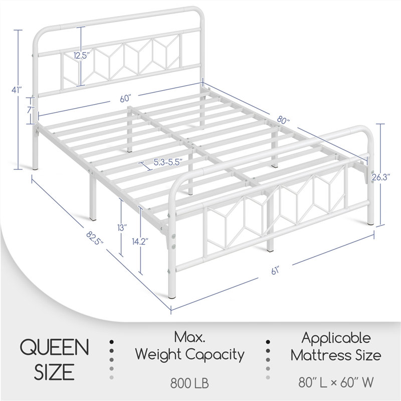 White Queen Metal Platform Bed Frame with Headboard