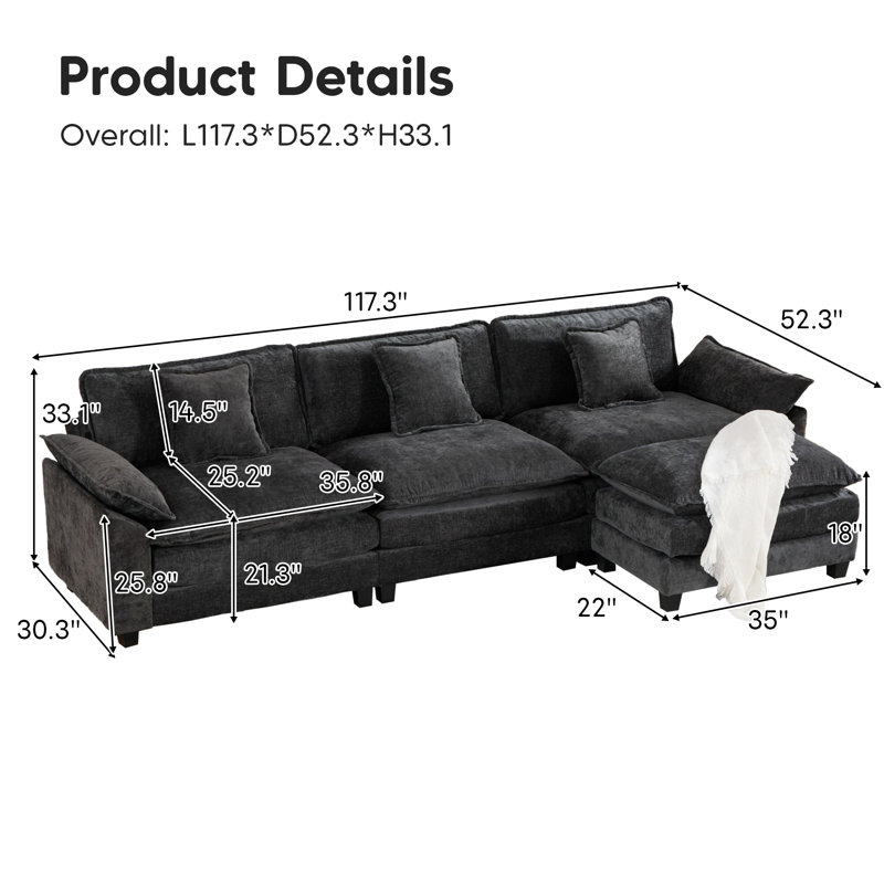 Canapé modulaire en forme de L Grid, canapé surdimensionné avec repose-pieds Cloud, Chenille noir