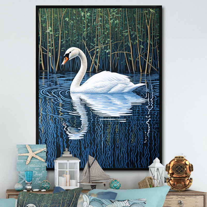 Swans Reflection By The River - Swans, Cadre flottant noir, H 32 po x l 16 po