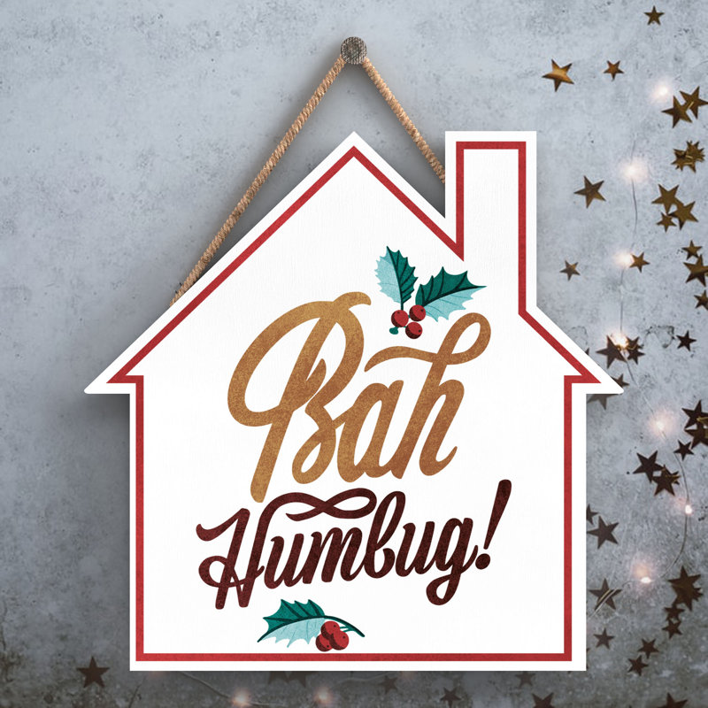 Xmas Bah Humbug Holly Wooden House Plaque, 9.9cm H x 9.9cm W x 0.5cm D