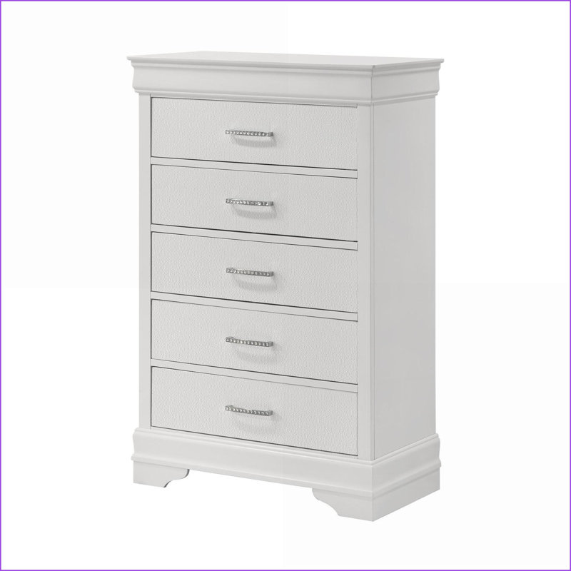 Commodes et amp; Commode haute moderne à 5 tiroirs avec poignées capitonnées cristal | Blanc | Bois