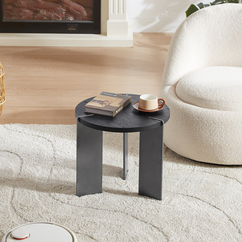 Table basse ronde en bois de chêne noir et pieds en métal noir, Noir
