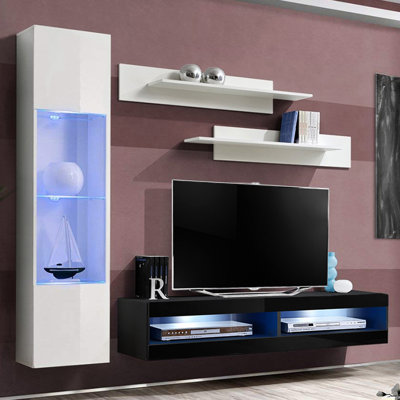 Liddell 85" Modern Floating Wall Mounted Entertainment Center with 16-Color LED Lighting, High Gloss Finish