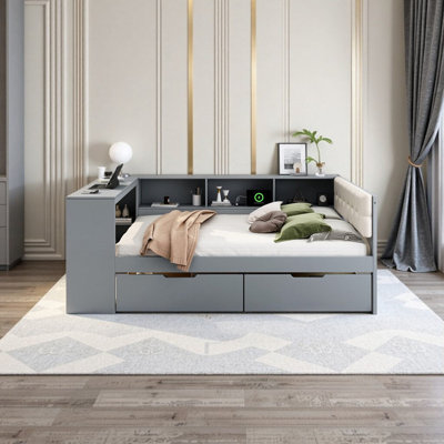 Lit plateforme double avec tête de lit rembourrée, tablettes de rangement, tiroirs et station de recharge USB L 88,3 po x l 65,1 po