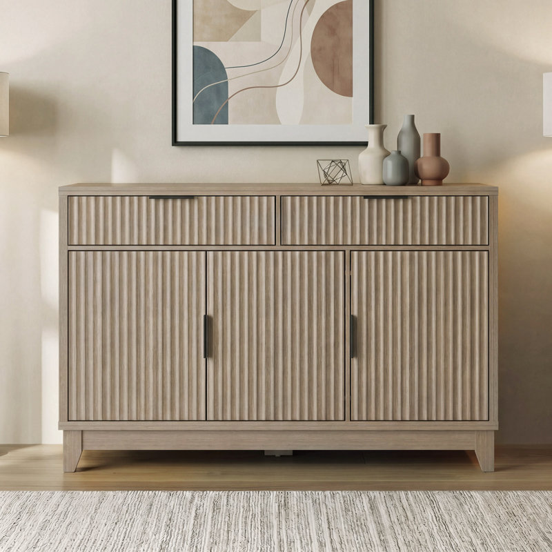 47" Modern Fluted Buffet Cabinet, 2 Drawers + Adjustable Shelves – Large Storage for Dining Room, Living Room, Washed Gray