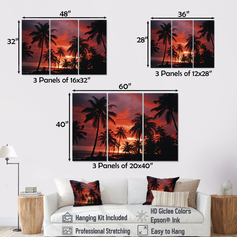 Ensemble de décoration murale Palm Tress By The Sea At Sunset - Palmiers et palmiers, H 32 po x l 48 po x P 1 po