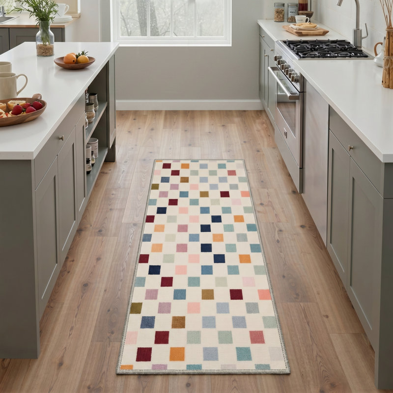 Mosaic Modern Machine Washable Beige Indoor Area Rug with Non-Slip Backing, Runner 2'6" x 8'