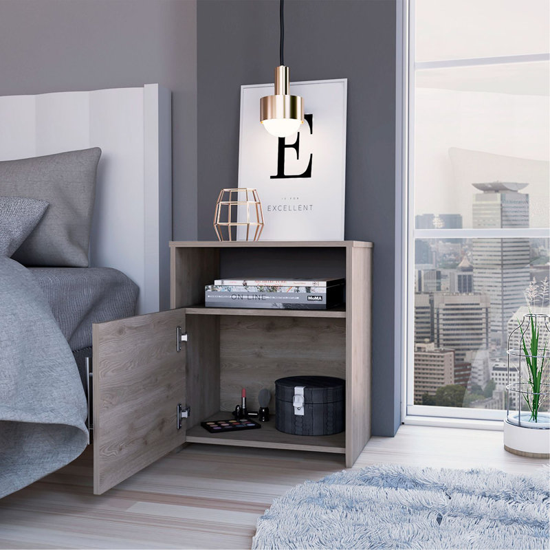 Nightstand, Single Door Cabinet, Metal Handle, One Shelf, Superior Top, Light Grey, Grey