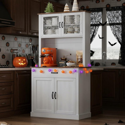 Armoire de cuisine 71 po avec portes en verre et support pour micro-ondes, armoire de cuisine autoportante haute avec tablettes réglables pour la salle à manger