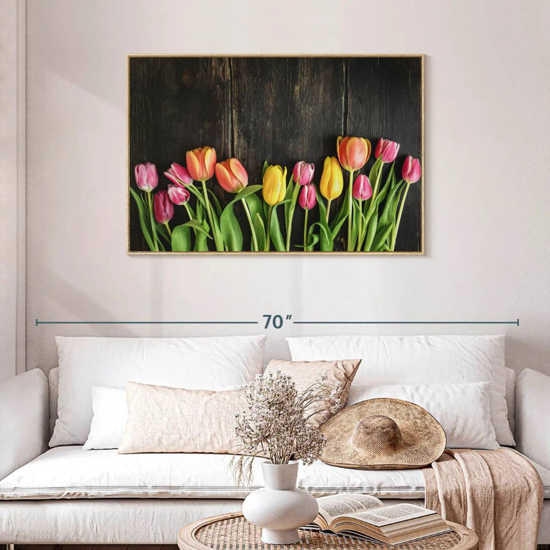 Tulipes sur bois, Cadre flottant en bois naturel, 40 po x 27 po